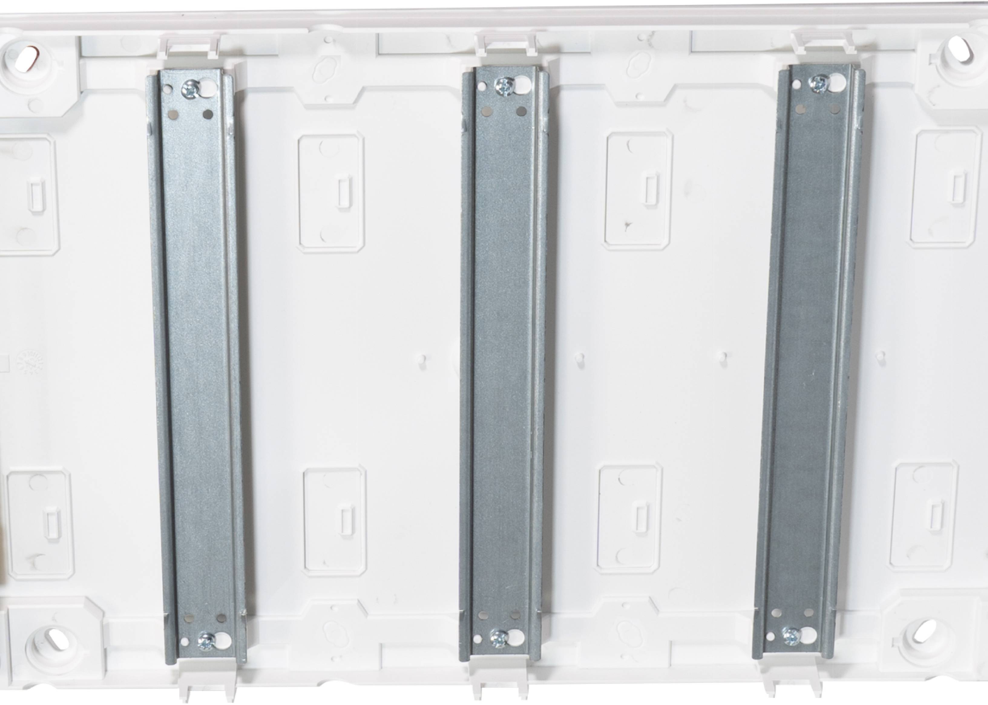 White plastic panel with three vertical metallic supports fixed to the rear side.