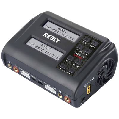 'Black, rectangular charger with "Reely V-Charge 200 Duo" inscription, featuring two screens and multiple function buttons.'