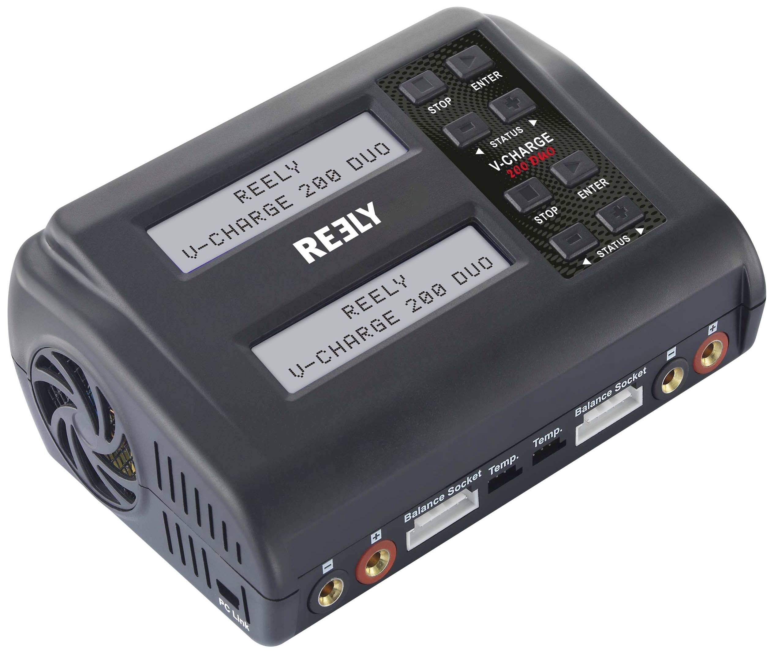 Charger with two displays and multiple control buttons. Labelled 'Reely U-Charge 200 Duo'. Connection sockets visible at the bottom.