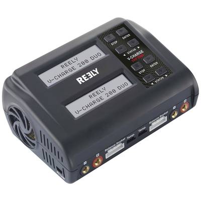 Charger with two displays and multiple control buttons. Labelled 'Reely U-Charge 200 Duo'. Connection sockets visible at the bottom.
