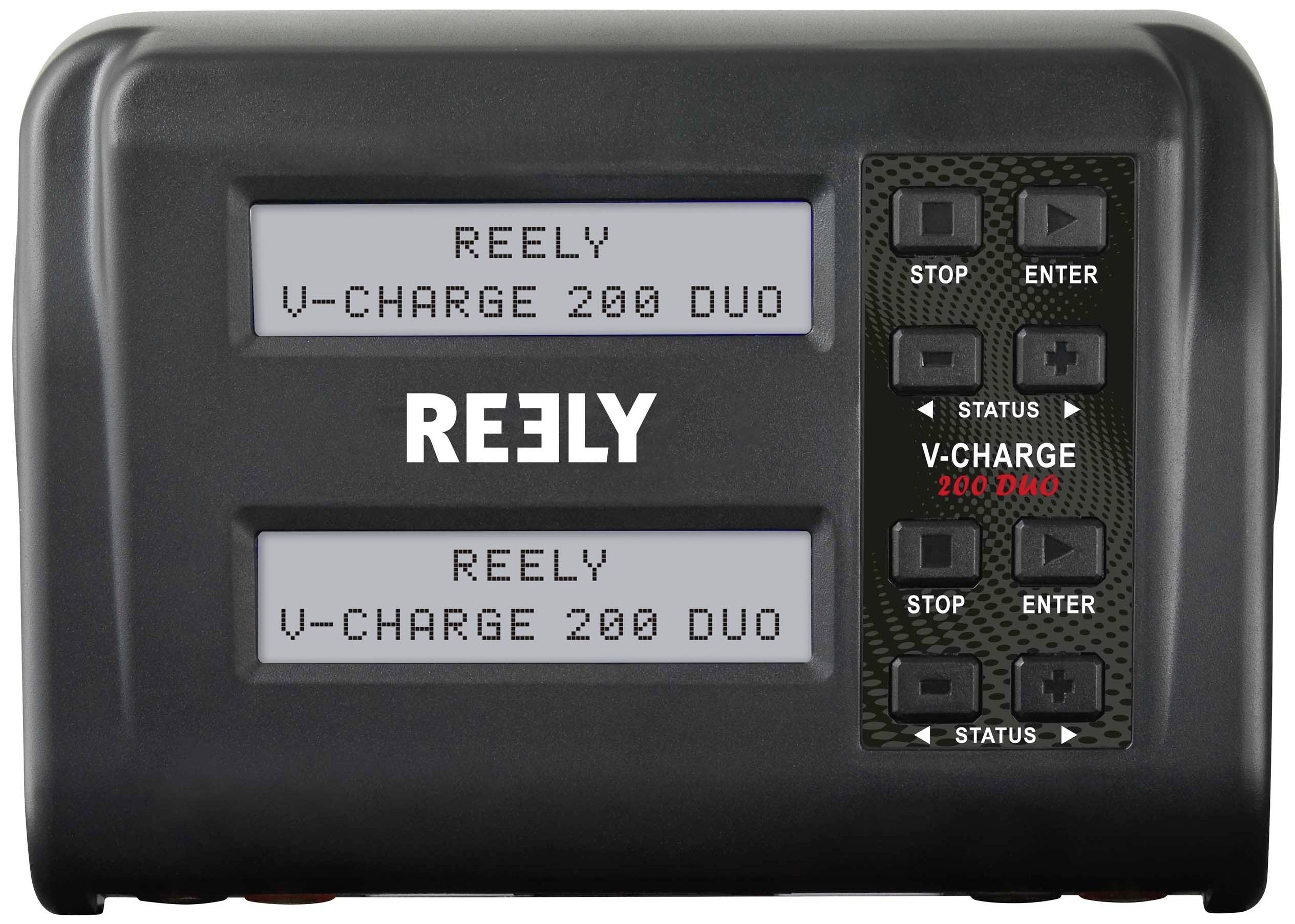 Battery charger with two digital displays. Display shows 'REELY V-CHARGE 200 DUO'. Buttons on the right: Stop, Enter, Plus, Minus.