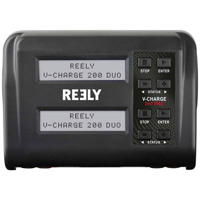 Battery charger with two digital displays. Display shows 'REELY V-CHARGE 200 DUO'. Buttons on the right: Stop, Enter, Plus, Minus.