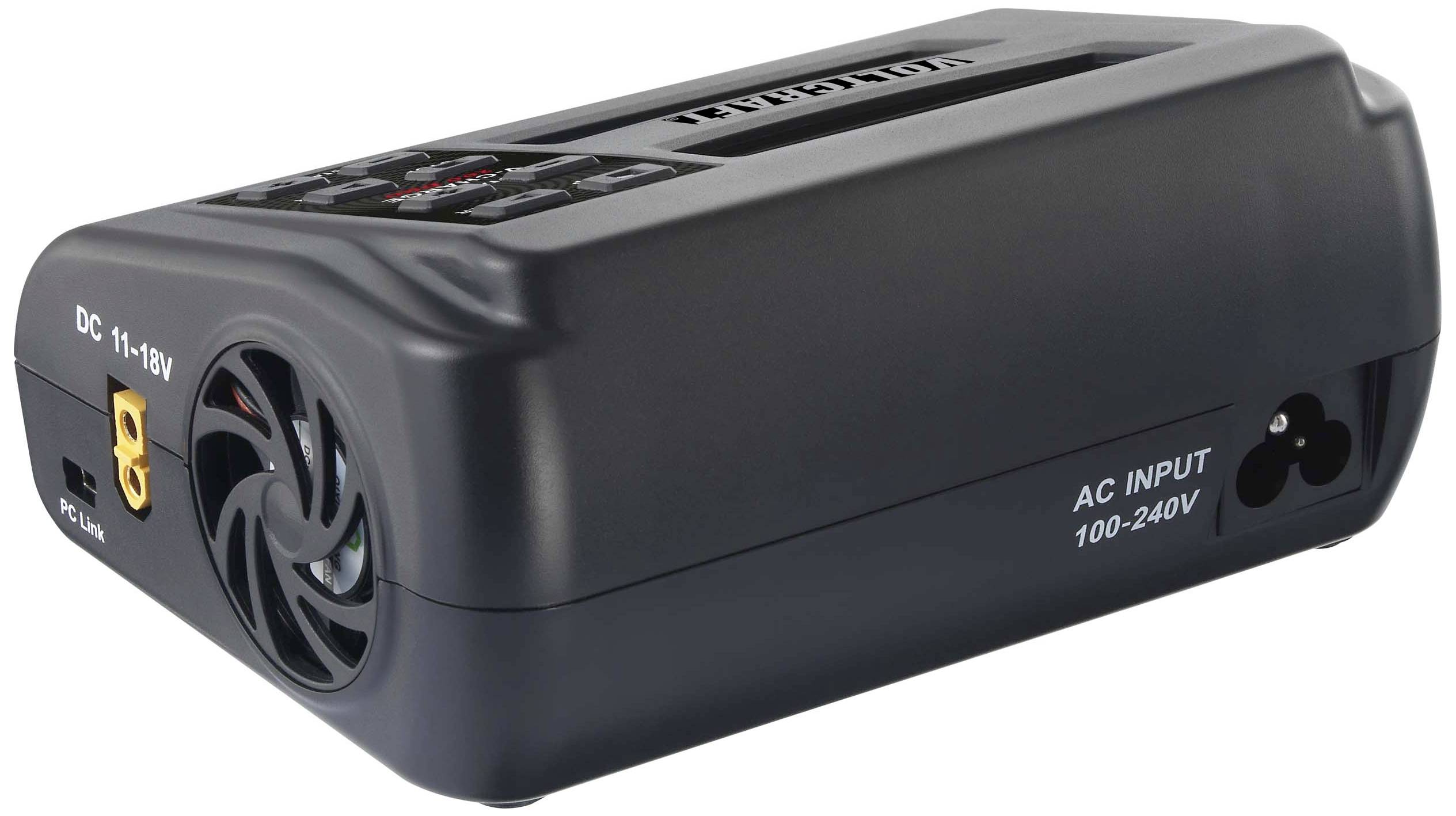 A black charger with a fan, displaying 'AC INPUT 100-240V'. Suitable for 11-18V DC input, compact and portable.