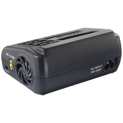 A black charger with a fan, displaying 'AC INPUT 100-240V'. Suitable for 11-18V DC input, compact and portable.