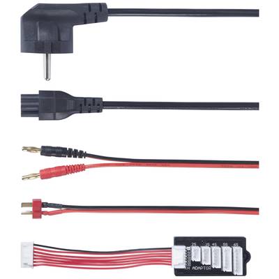 Several cable types: A power cable, banana plug cable and a multi-port balance adapter.