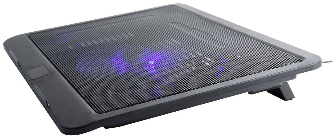Laptop cooler with black mesh fabric and blue LED lights, standing on a table, slightly tilted for improved air circulation.<br><br>Laptop cooling pad with black mesh netting and blue LED lights, positioned on a table with a gentle angle to enhance airflow.