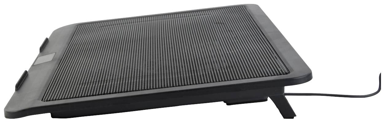 Black laptop cooling stand with ribbed surface and cable on the right side.