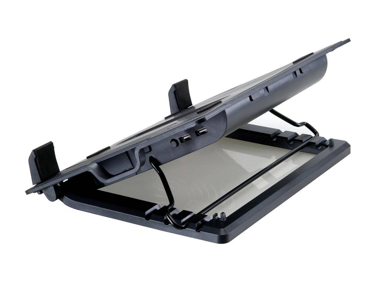 A black laptop stand with an adjustable angle, viewed from the side and bottom. Features grooves for air circulation.