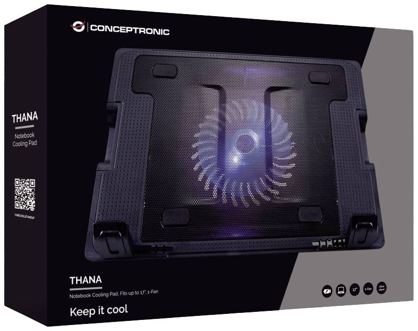 Cooling Pad for Notebooks with Large Fan. Packaging Displays Product Image and Text 'Keep it Cool'. Suitable for Laptops up to 17 Inches.