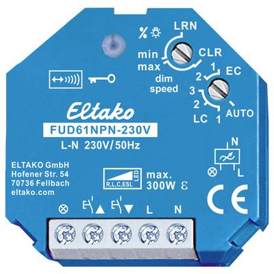 A blue dimmer switch by 'Eltako' with rotary controls, Technical details: FUD61NPN-230V, max. 300W, 230V/50Hz.