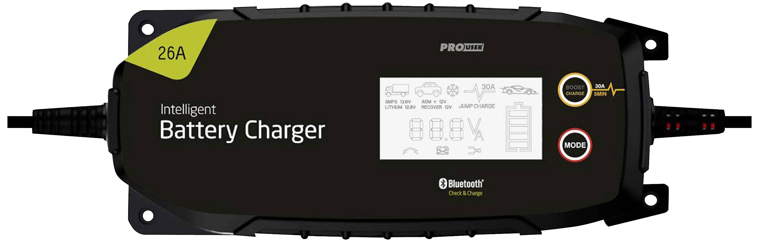 'Intelligent Battery Charger 26A with Bluetooth, Mode Display on Screen. Features Multiple Charging Functions.'