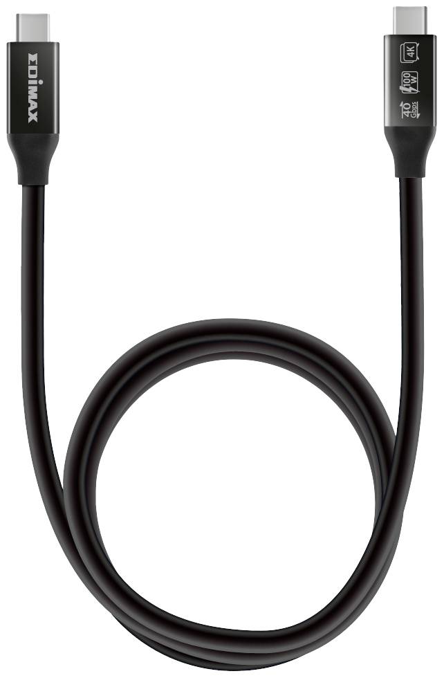 A black USB cable with USB-C connectors at both ends, suitable for data transfer and charging devices.