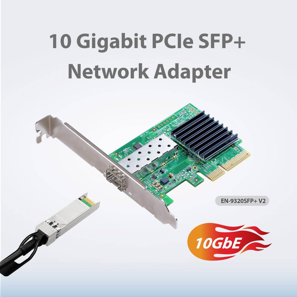 '10 Gigabit PCIe SFP+ Network Adapter' card and separate cable are displayed against a grey background.