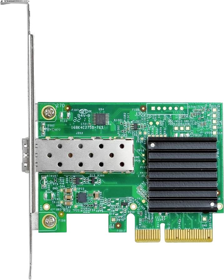 Network card with green circuit board, black heatsink and SFP+ port, suitable for connection with fibre optic networks.