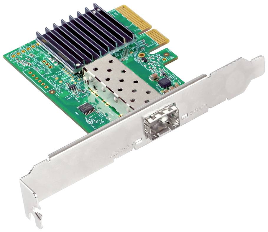 A green network card with a silver heatsink and connection for fibre optic cable, typically used in computers for network connectivity.