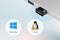 An EDIMAX USB adapter is connected to a laptop, supporting Windows and Linux, as represented by their respective logos.