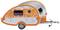 Small caravan with an orange and white pattern, compact and modern in style, suitable for travelling and camping adventures.