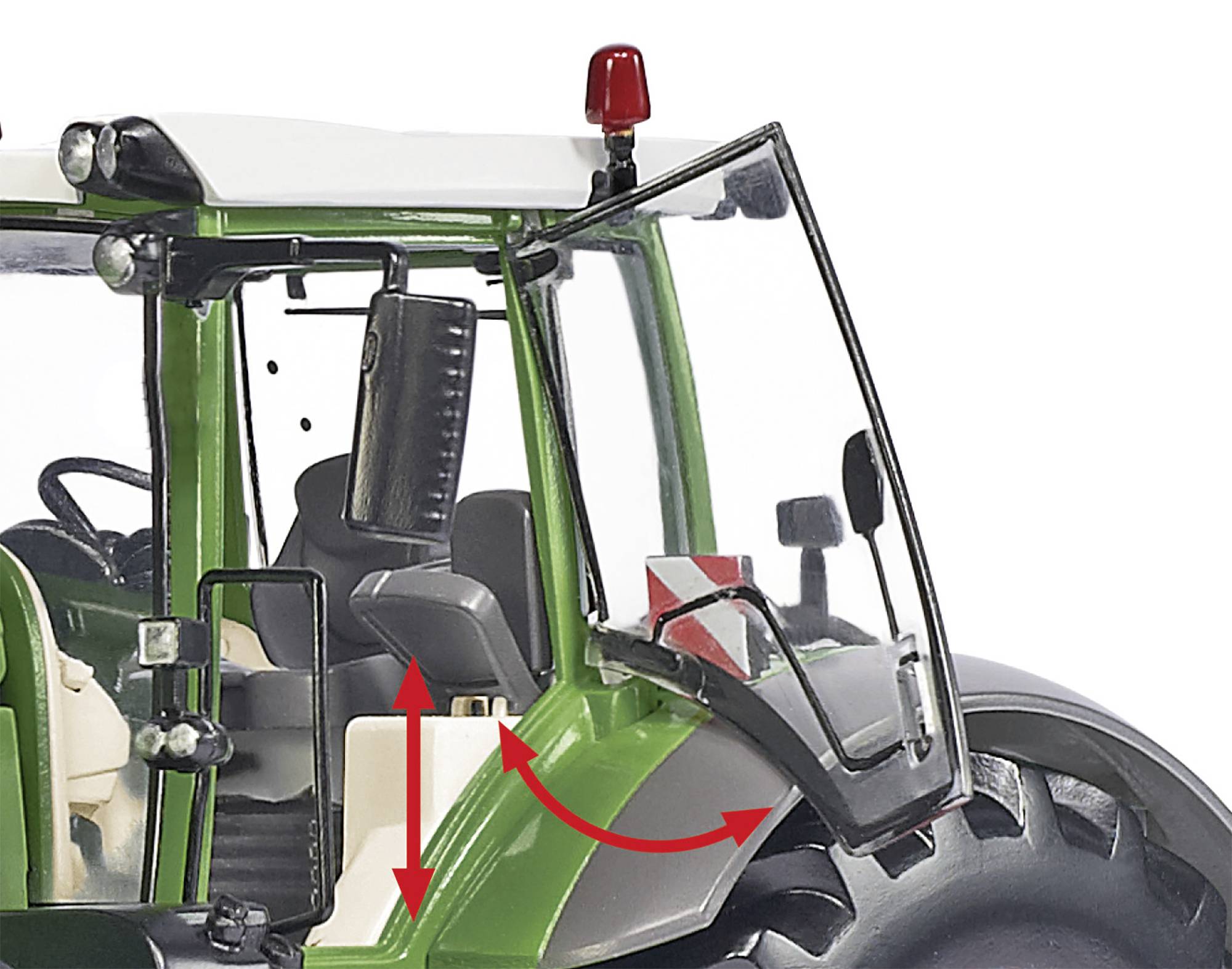 A green tractor with an open cab door, red light on top, black seats and visible red arrows indicating the door movement.