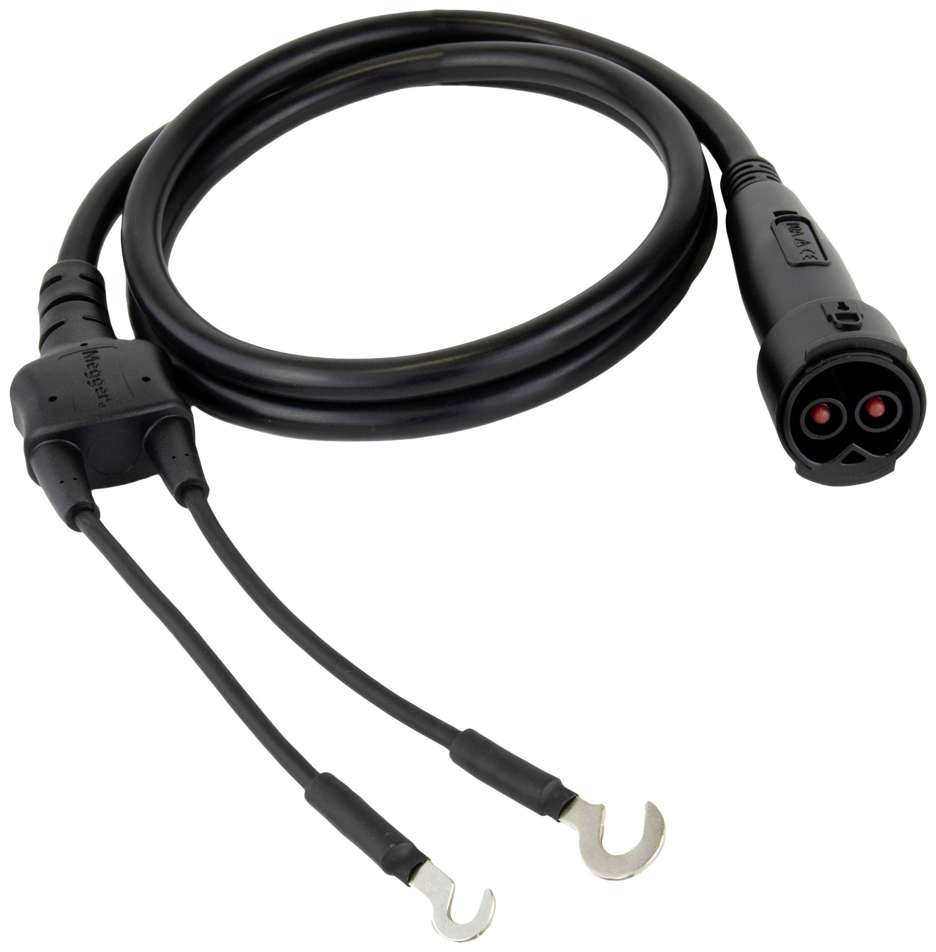 'Cable with two ring terminals at one end and a special plug at the other end, suitable for specific electronic applications.'