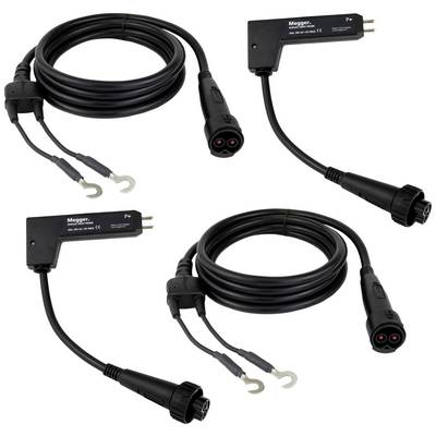 Three black cables with plugs, each connected to a rectangular adapter. Suitable for electrical testing.