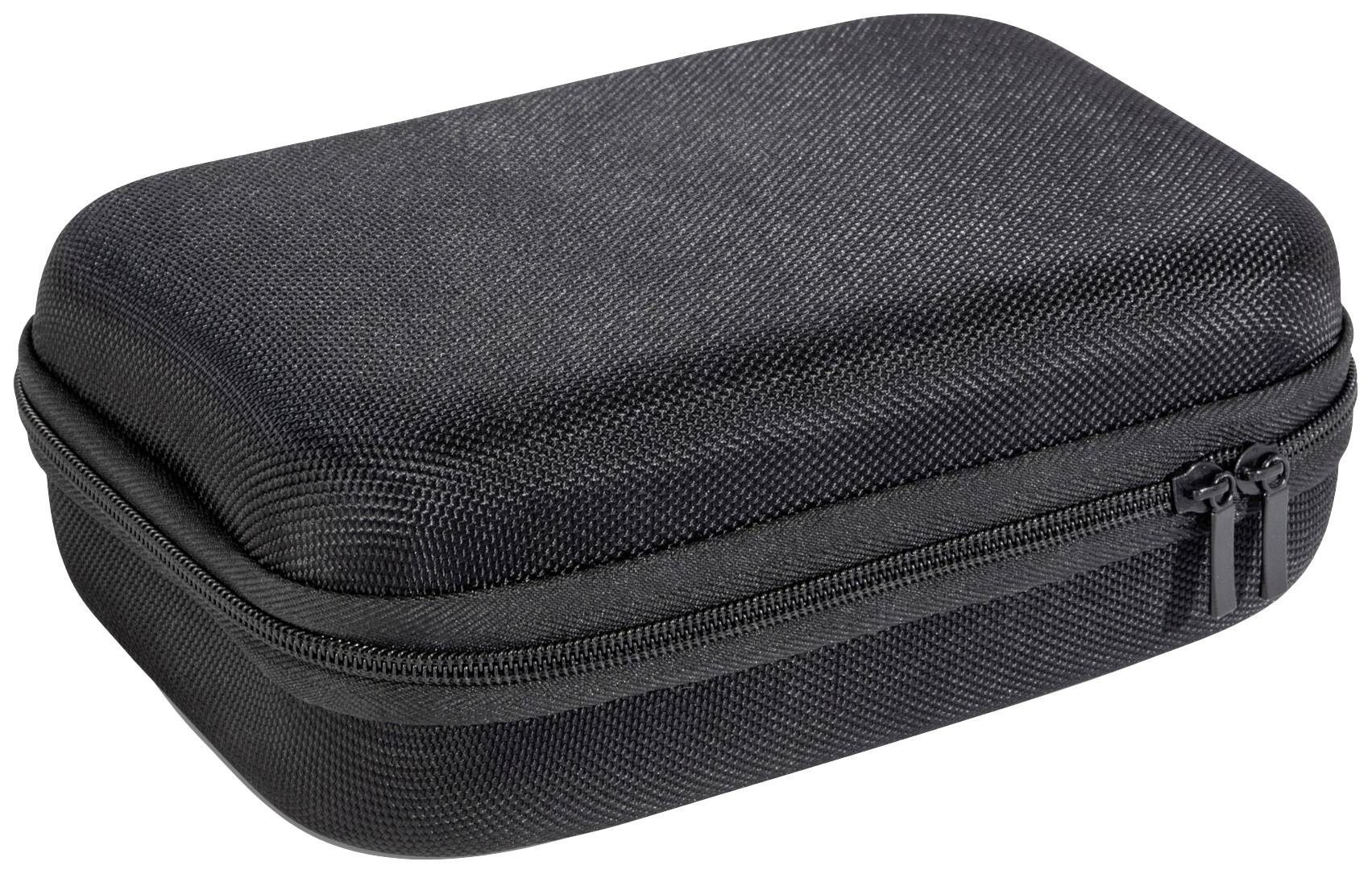 Black zip-up case, rectangular and padded, suitable for storing small items or electronic devices.
