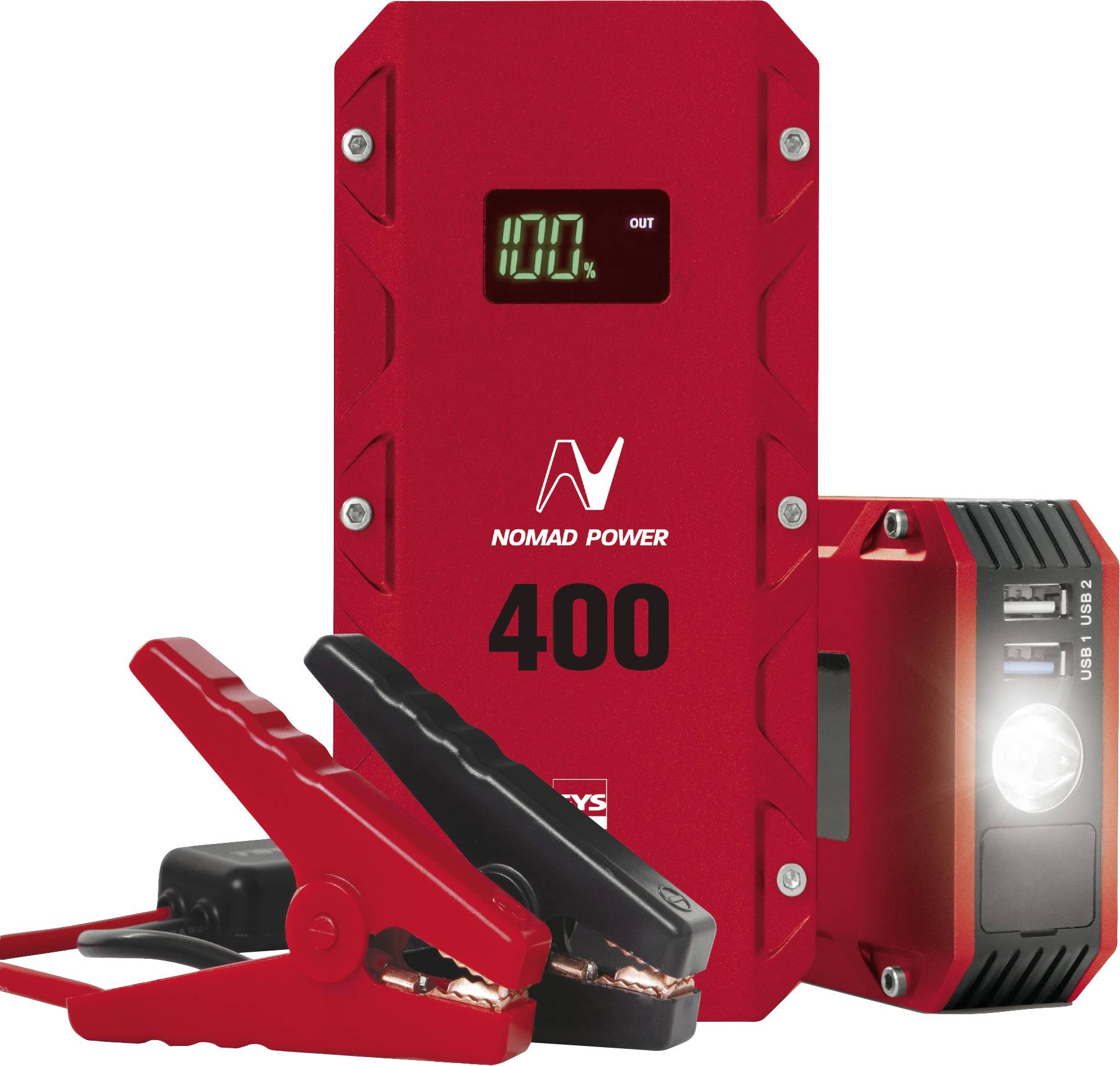 Red portable jump starter with '100%' display, clamps and USB ports, alongside a built-in torch.