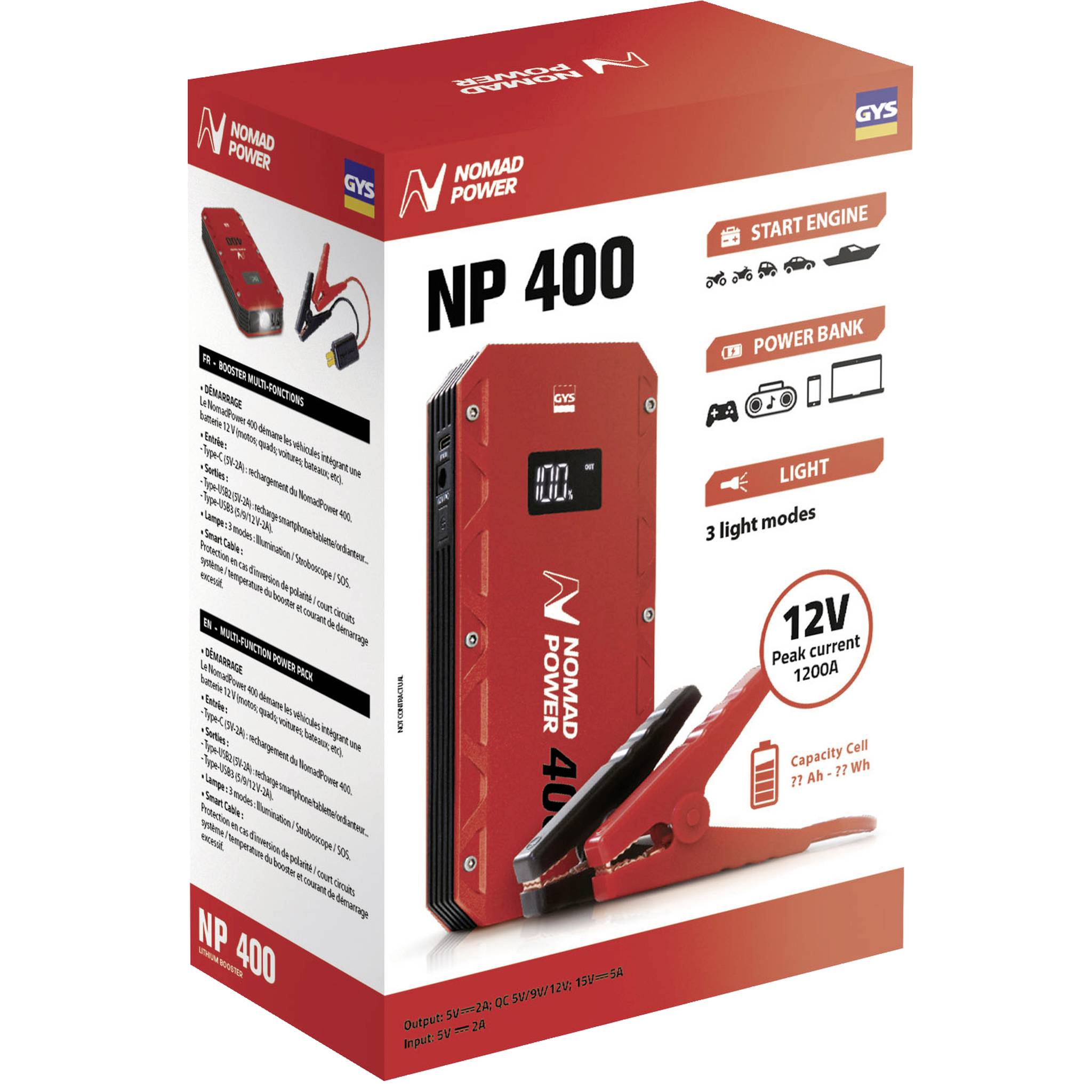 Red packaging of the 'Nomad Power NP 400', a portable jump starter with power bank function and three light modes, 12V, 1200A peak current.