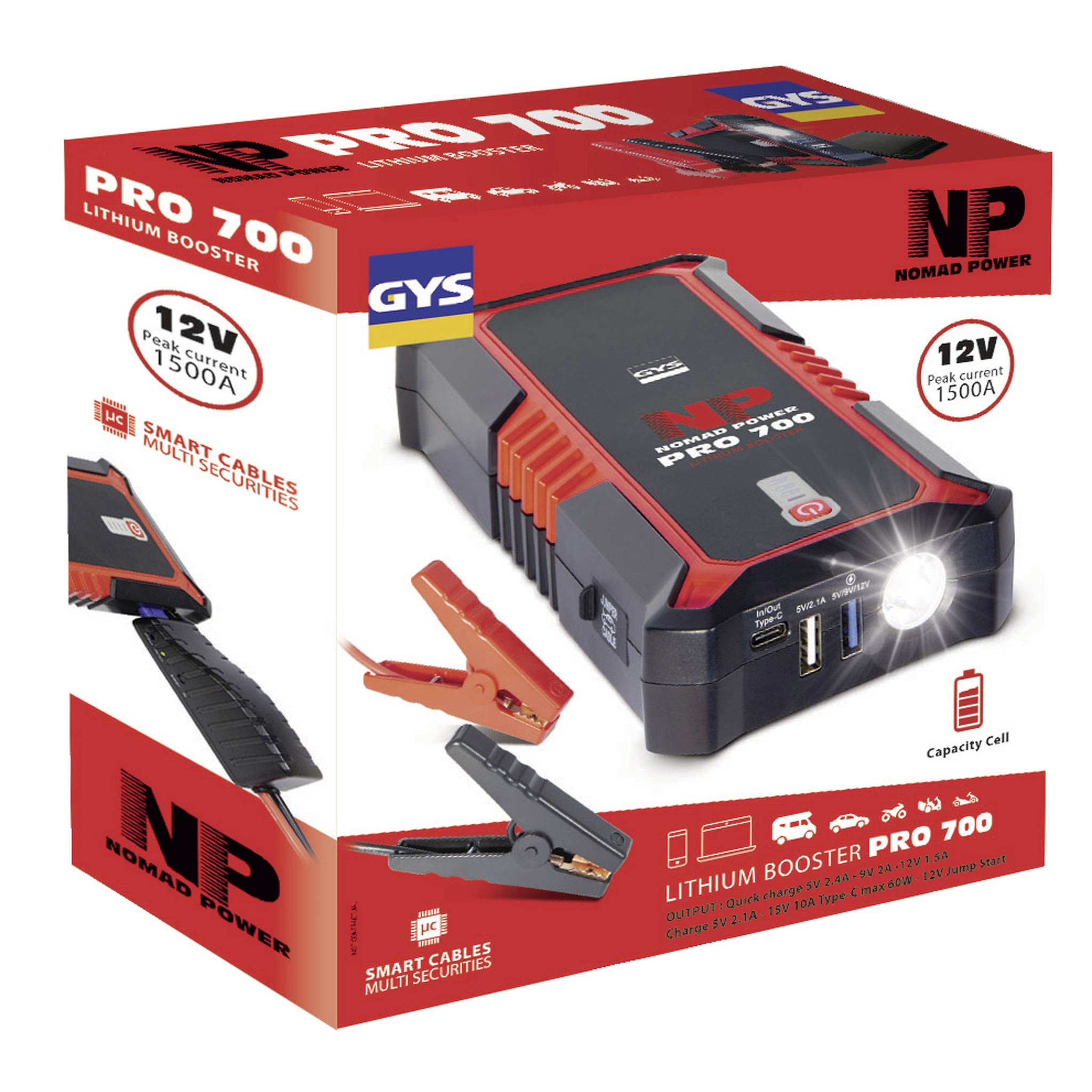 Packaging for a Lithium Booster, Model 'Pro 700', by Nomad Power. Includes smart cable, torch, and two USB ports. Suitable for 12V and 1500A.