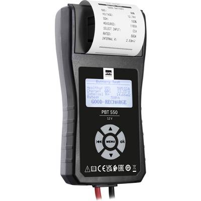 Handheld GYS battery tester displaying a printed and backlit LCD battery test result, with 'GOOD-RECHARGE' visible on the screen.