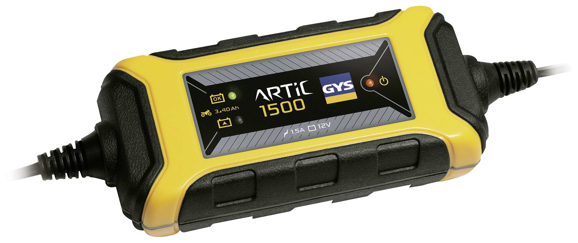 Battery charger in a yellow and black casing with LED indicators and the inscription 'ARTIC 1500', suitable for 12V batteries, 7.5A.