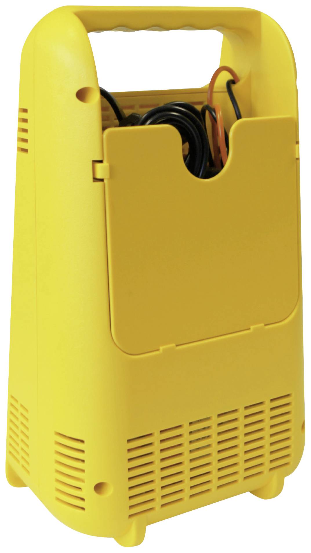 Yellow portable charger with an integrated handle and cables coiled in the rear handle area.