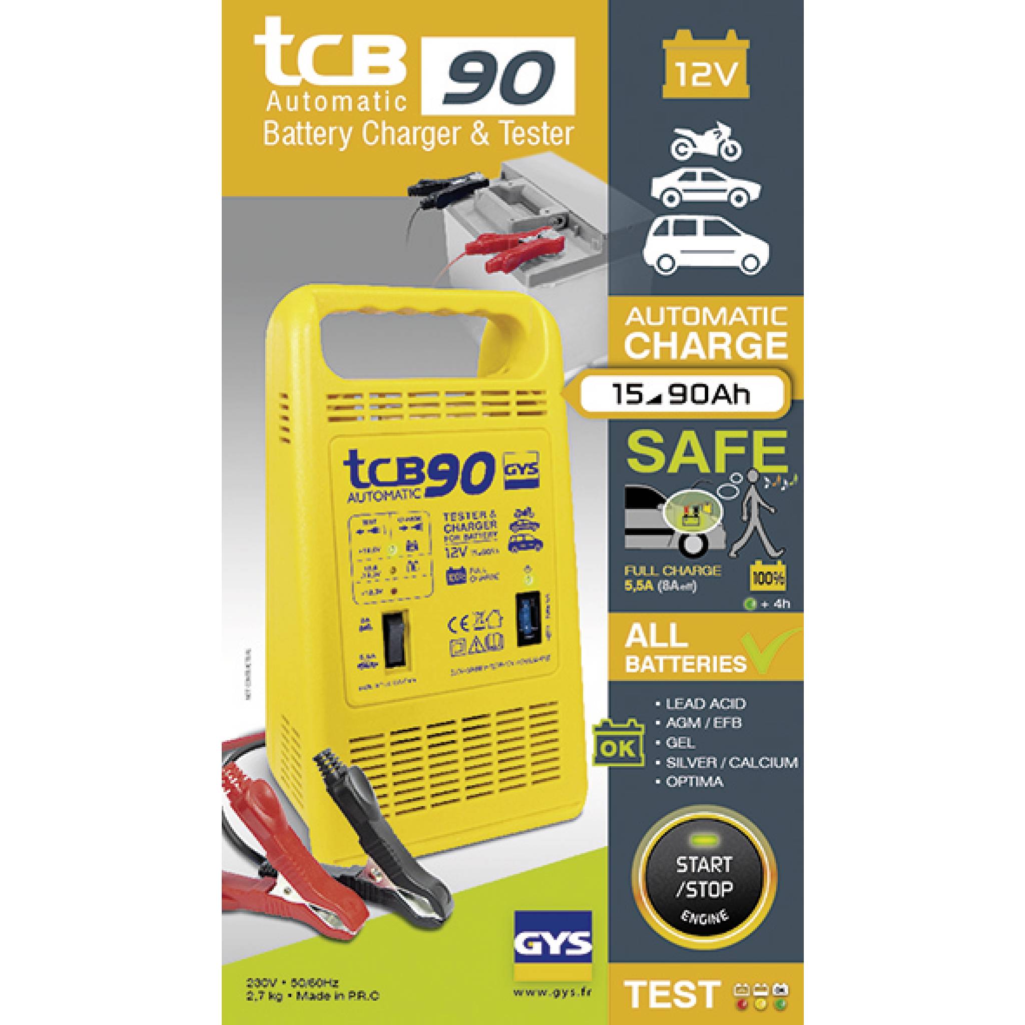 The image shows a yellow automatic battery charger and tester 'tcb90' with 12V, suitable for various battery types, featuring safety functions and a charge status indicator.