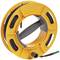 Orange cable reel with black cable, handle in the middle; used for neatly storing and transporting cables.
