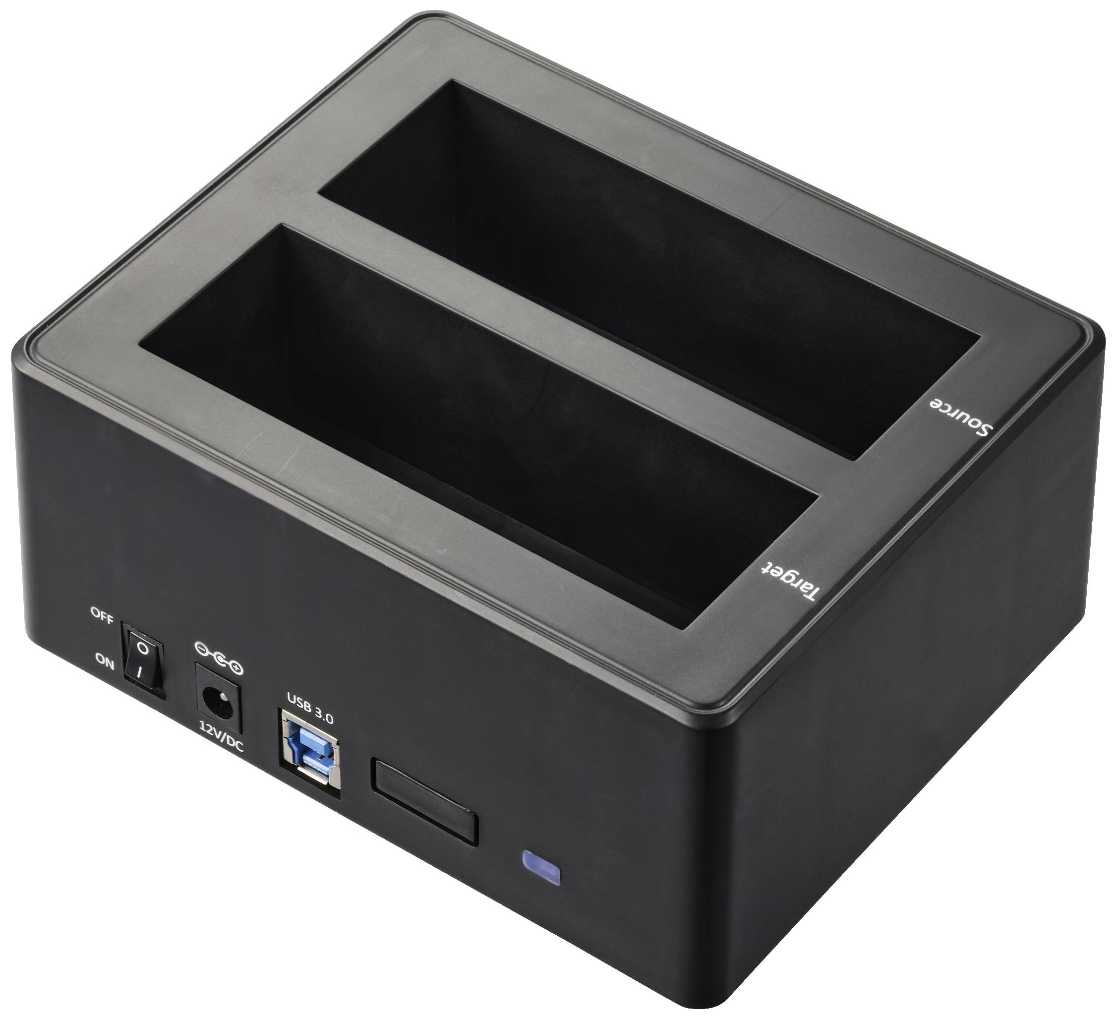 A black dual HDD docking station enclosure with two open drive bays and connections for data transfer and power supply.