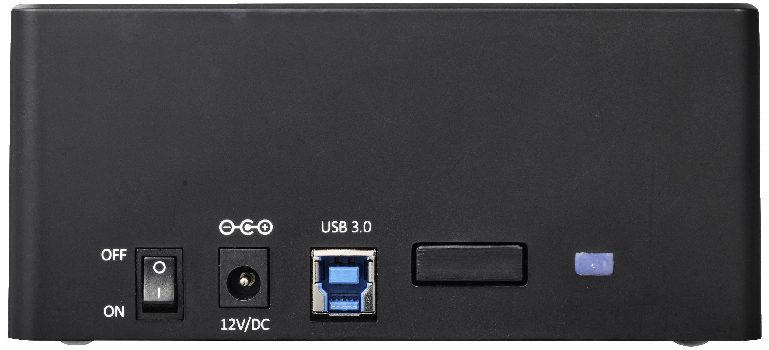 Black external hard drive enclosure with switch, power connection, USB 3.0 port, and LED indicator on the back.