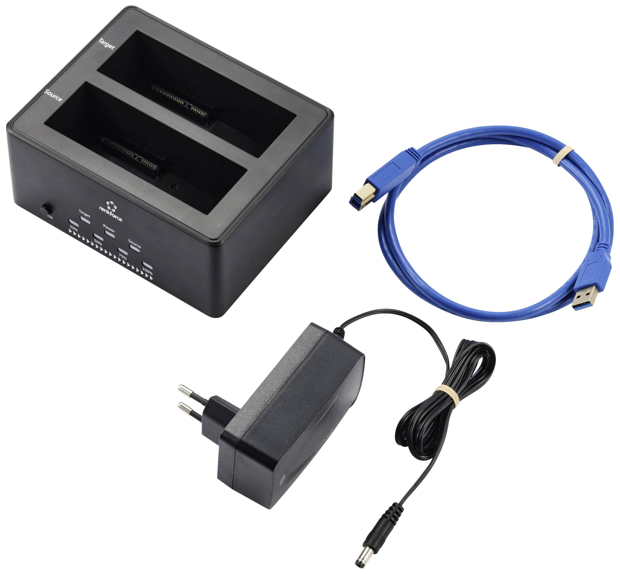 External hard drive docking station with two bays, blue USB cable, and power adapter. Suitable for data transfer and storage.