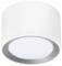 Round, white ceiling light with a slim silver trim, suitable for modern interiors and providing even light distribution.