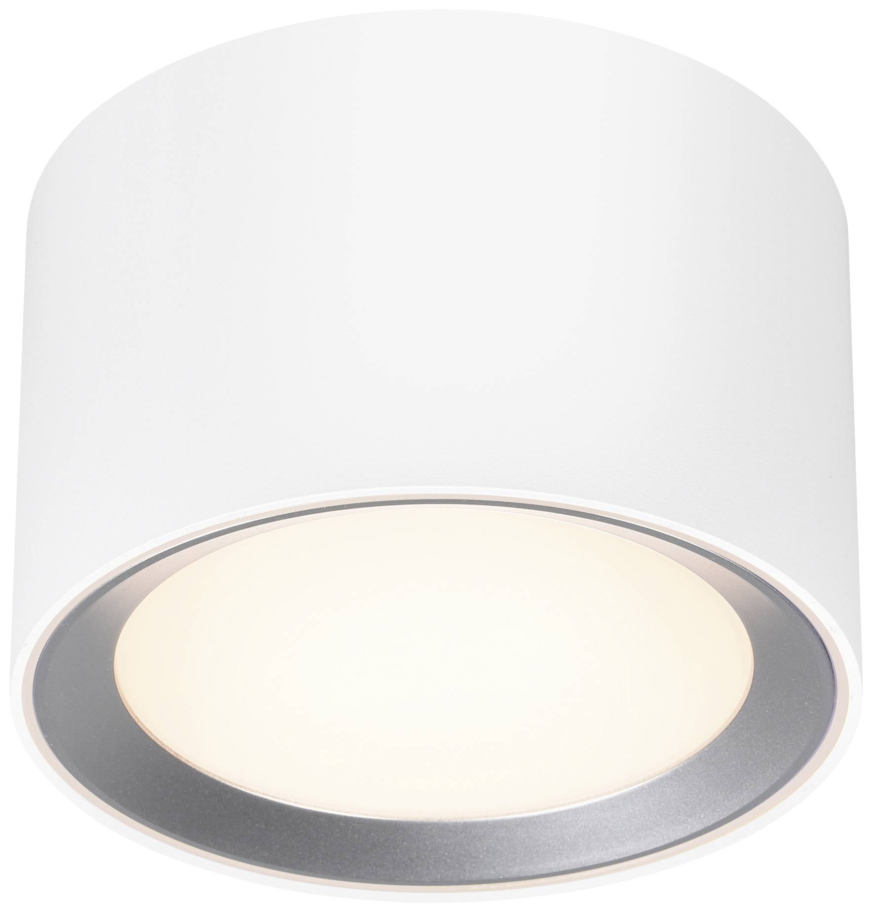 A round, white ceiling light with a metallic inner ring. It emits warm light, suitable for modern interior design.