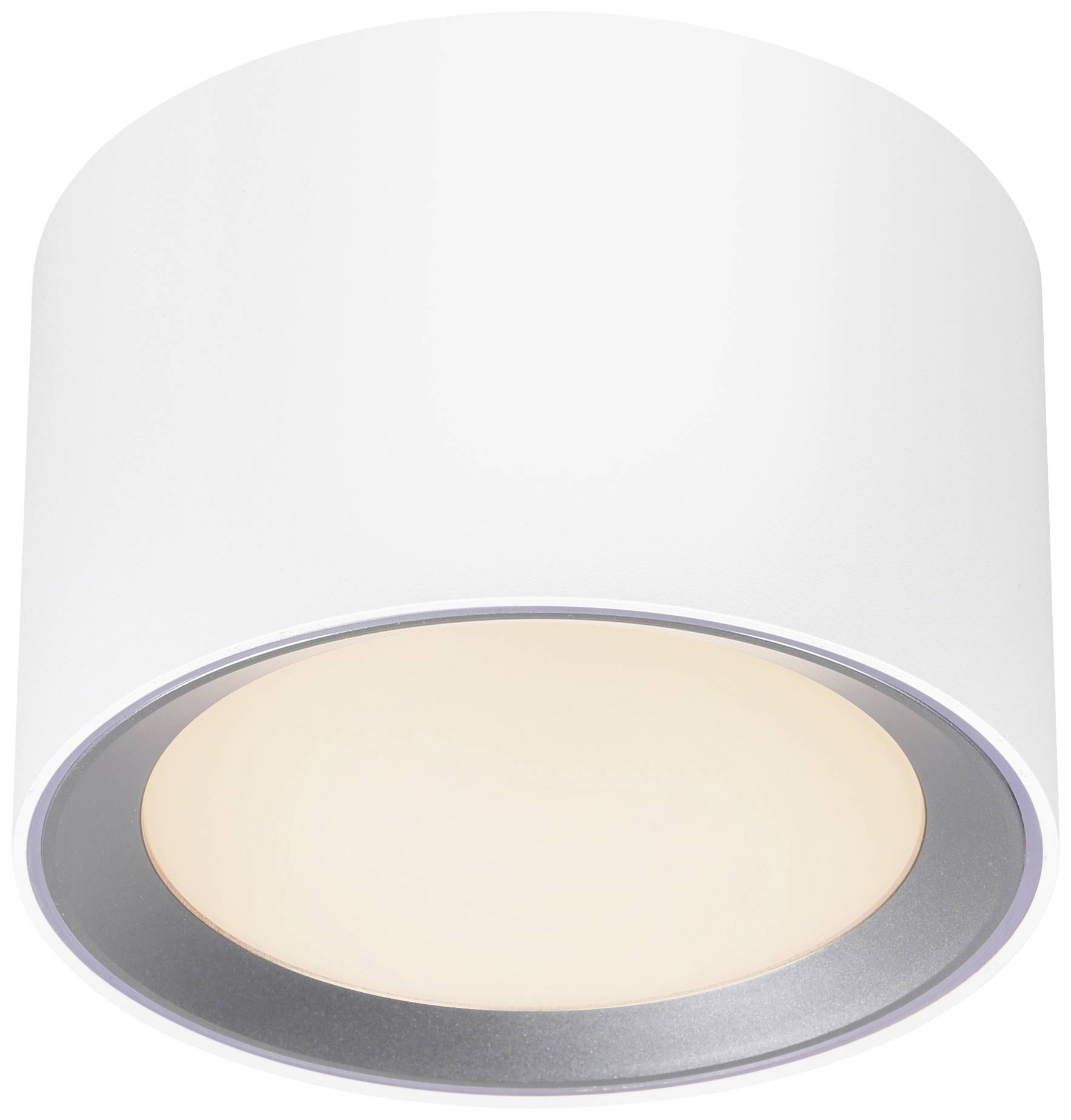 White cylindrical ceiling light with a warmly glowing LED module on its underside.