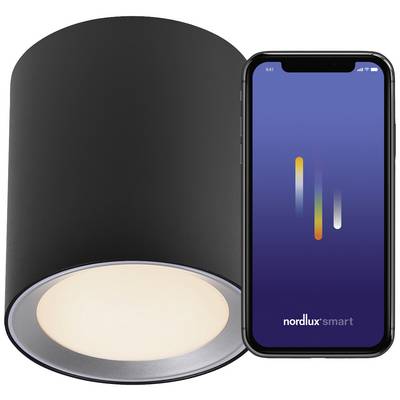 Black ceiling spotlight next to smartphone. The display shows the 'nordlux smart' app with colourful controls for light management.