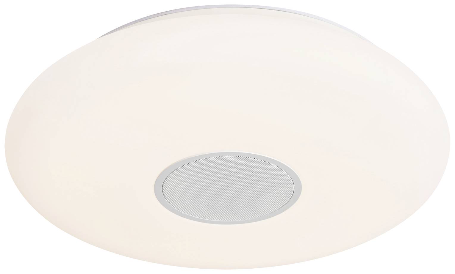 Round, flat ceiling light with a central speaker grille. Modern appearance, suitable for living or working spaces.