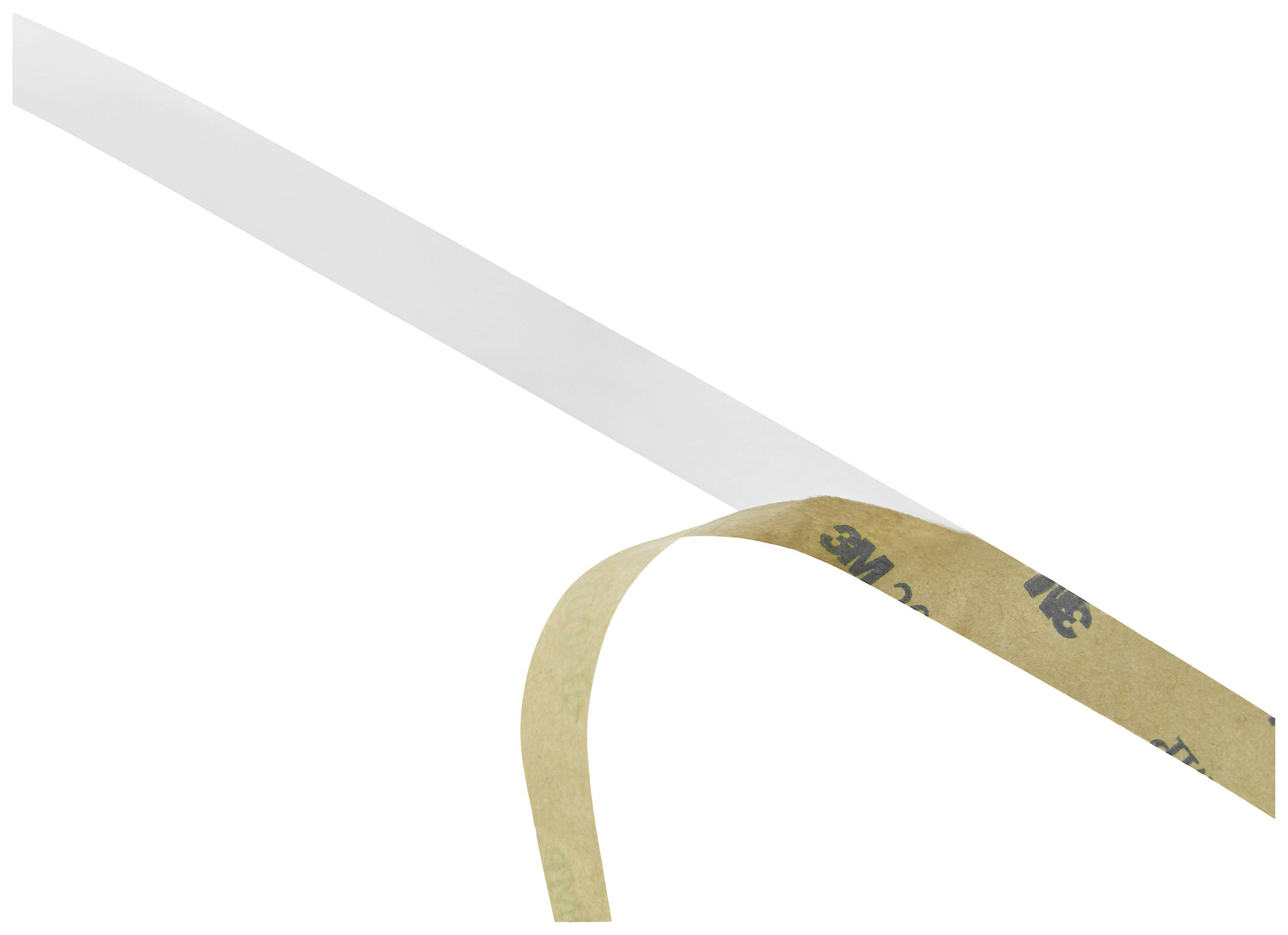 A strip of double-sided adhesive tape, partially unrolled, shows the white adhesive side and the brown protective backing with the 3M logo.