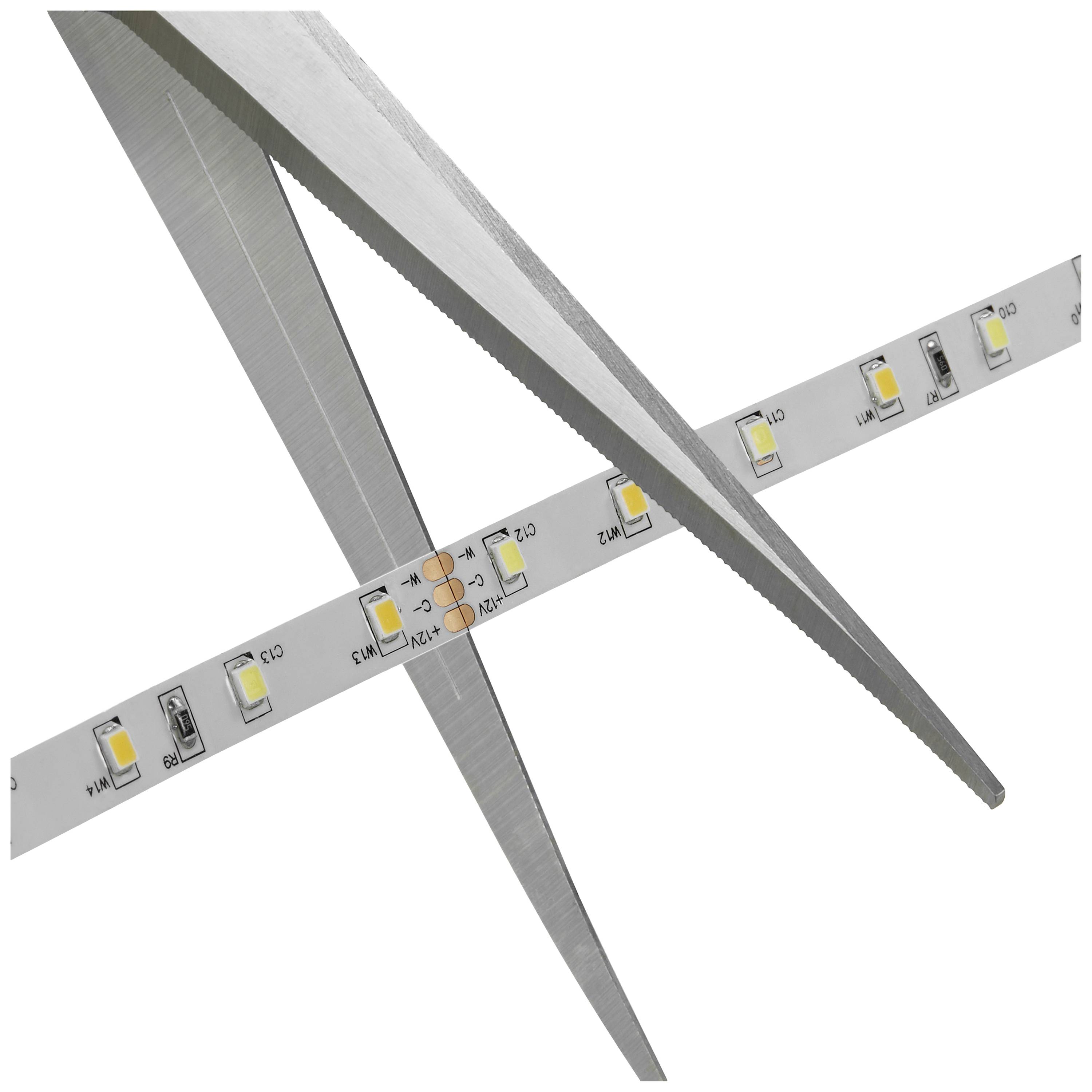 'LED strip that can be cut along a marked line with scissors to adjust the lights to the desired length.'