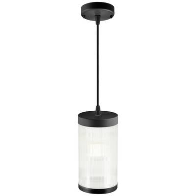 Black hanging ceiling light with a cylindrical, ribbed glass lampshade. Simple, modern design. Suitable for interior spaces.
