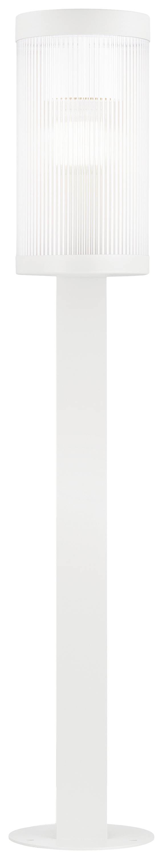 White, cylindrical floor lamp with a fluted shade and round base, standing in a neutral environment.