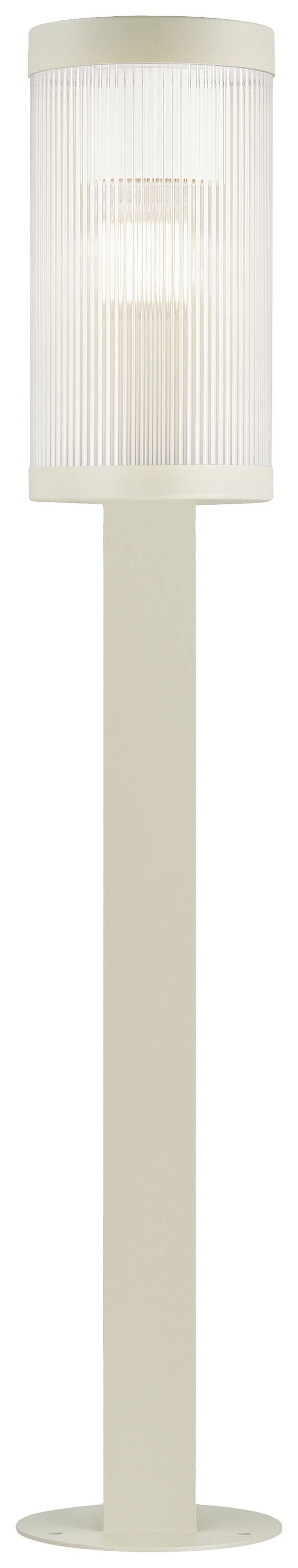 Standing lamp with a round, ribbed lampshade in beige. Lampshade diffuses light evenly. Suitable for modern interior design.