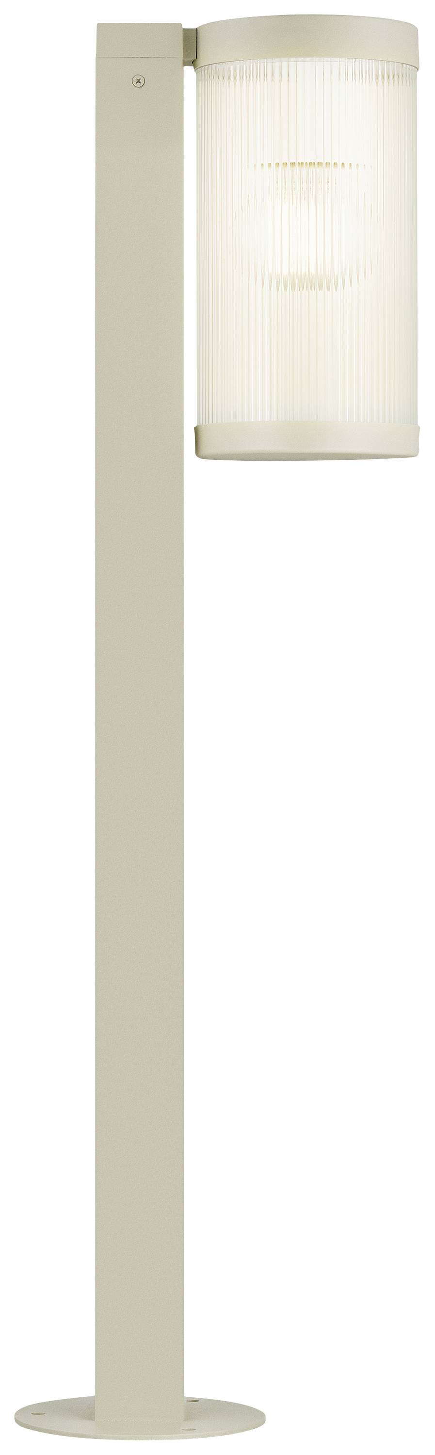 A contemporary, vertical floor lamp with a cylindrical, ribbed lampshade, standing on a round base.