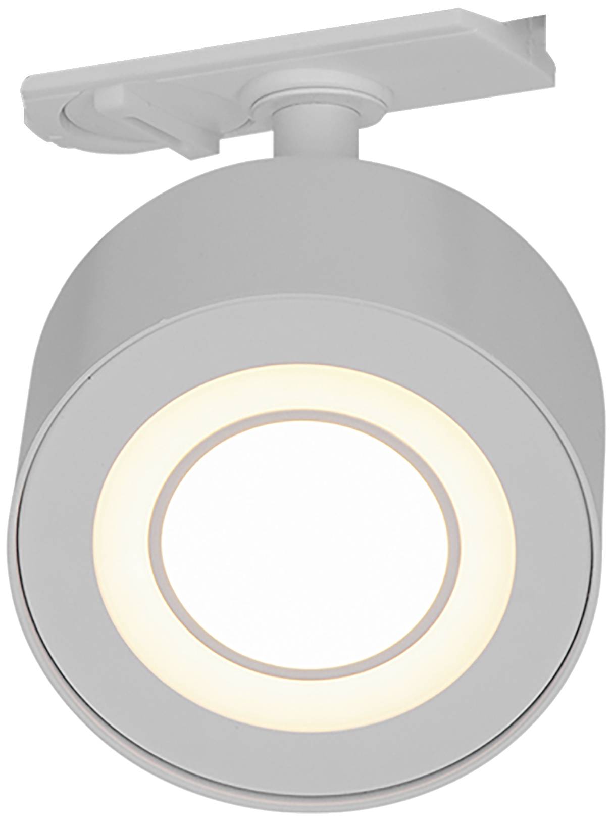 A round, white ceiling-mounted light fitting. The light is switched on and shining brightly.
