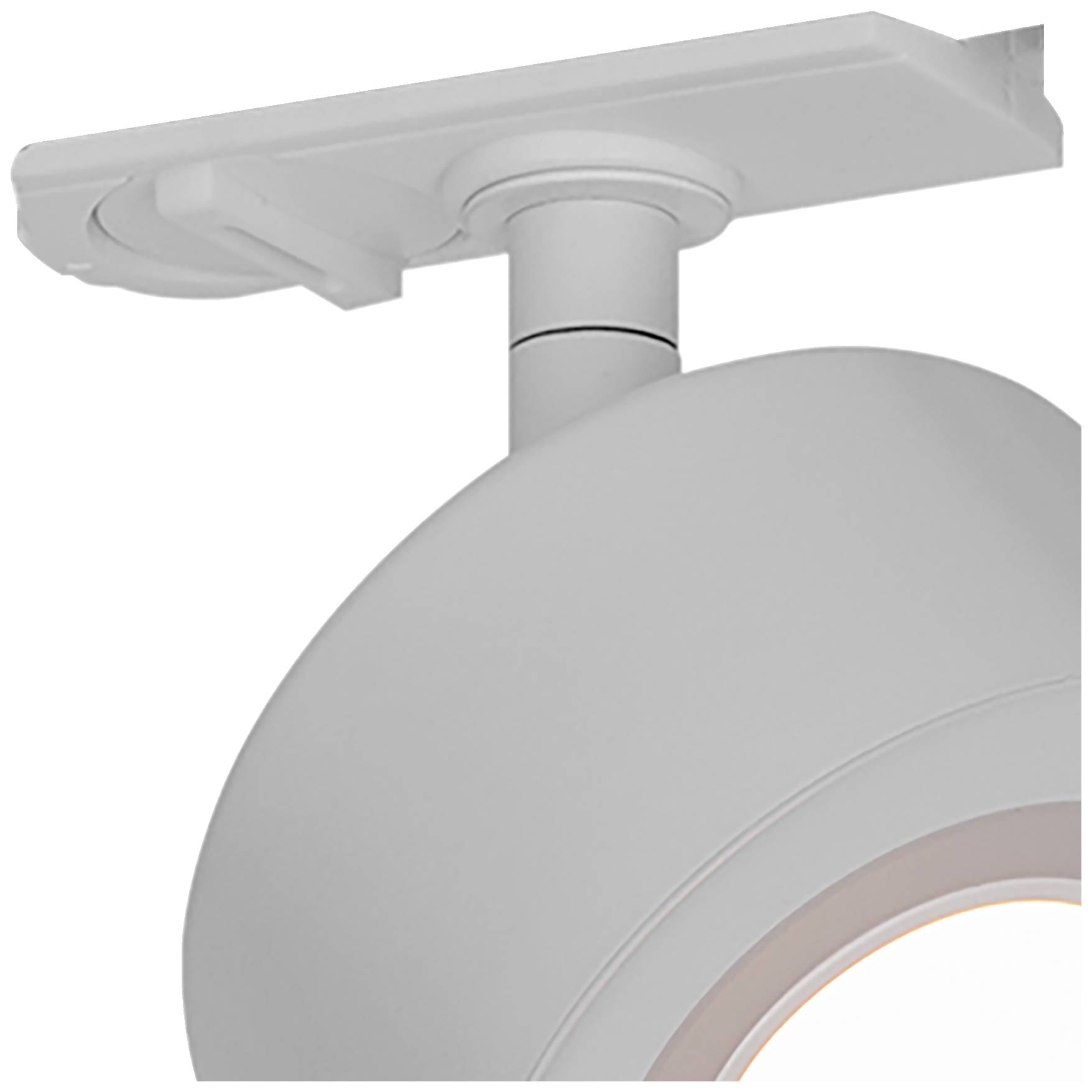 Ceiling-mounted round light with adjustable joint pointing downwards. Minimalist design, suitable for modern interiors.