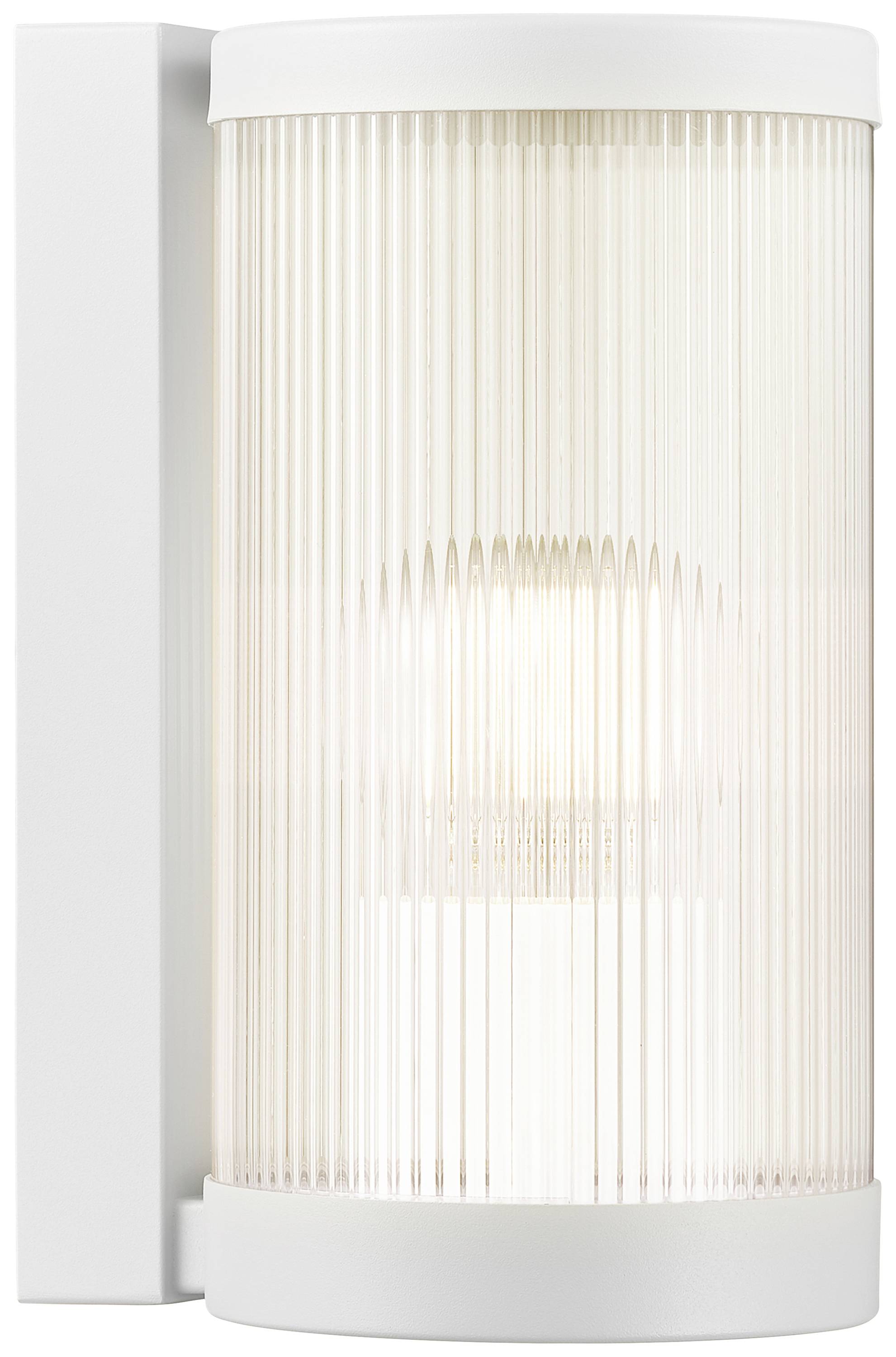 White, cylindrical wall light with a ribbed lampshade. It emits warm light and has a modern, minimalist design.